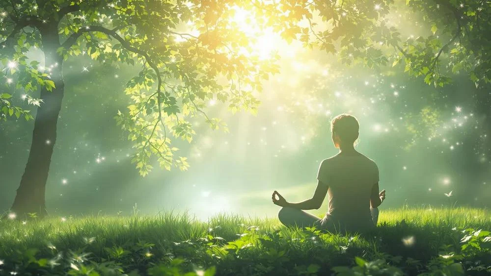 A person meditating beneath a sunlit tree