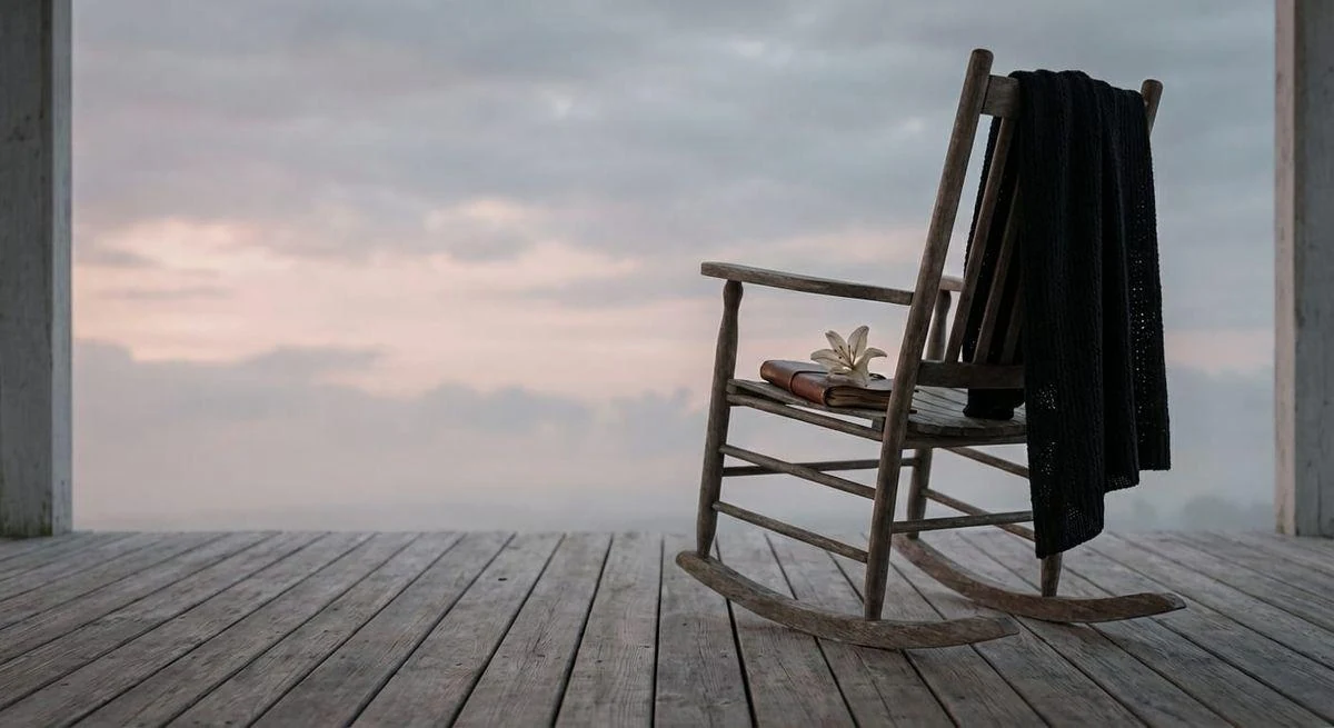 An empty wooden rocking chair beside a window