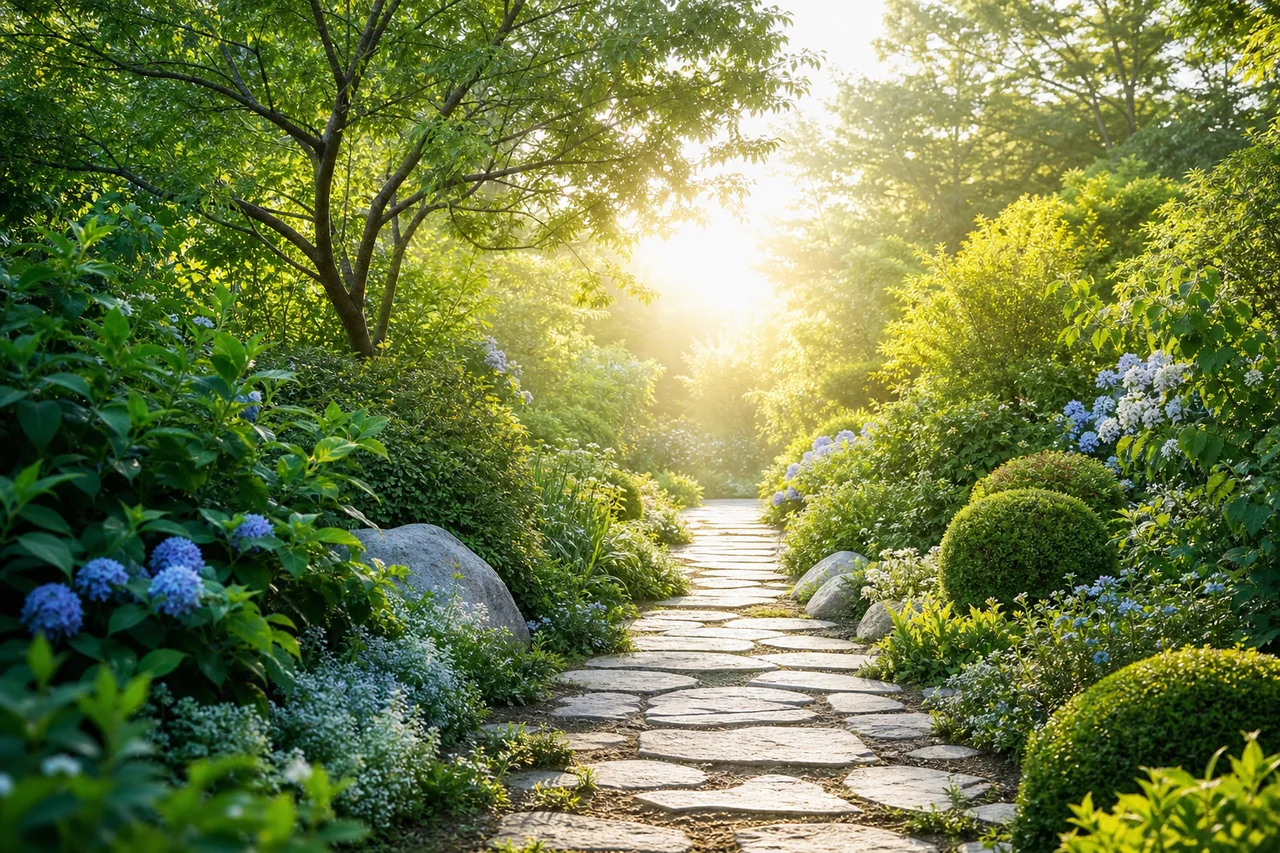 A sunlit garden path surrounded by green trees and flowers
